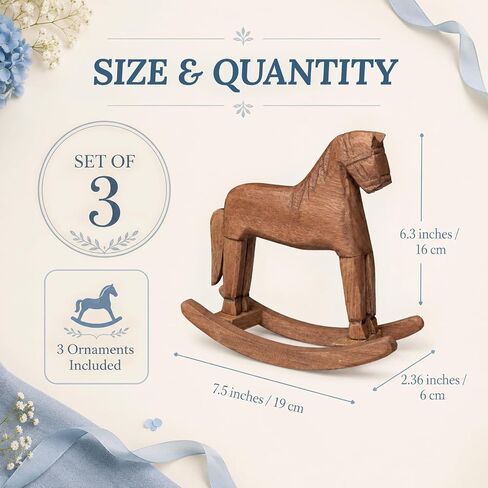 3 Pcs Vintage Wooden Rocking Horse Table Centerpiece, Blue Green Tartan Plaids Baby Shower Decor, Farmhouse Solid Wood Ornaments for Wedding Birthday Nursery Home Decor & Housewarming Gift in Kuwait
