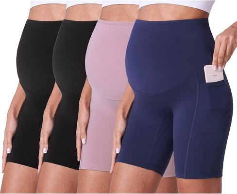 POSHDIVAH 3/4 Pack Maternity Biker Shorts Over The Belly with Pockets 5"/8" | High Rise,No Front Seam,Buttery Soft,Summer,Stretchy,Workout,Yoga,Athletic,Active Wear,Gym,Pregnancy and Postpartum in Saudi Arabia