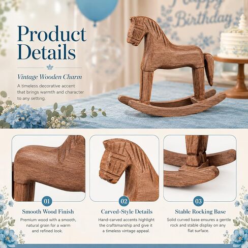 3 Pcs Vintage Wooden Rocking Horse Table Centerpiece, Blue Green Tartan Plaids Baby Shower Decor, Farmhouse Solid Wood Ornaments for Wedding Birthday Nursery Home Decor & Housewarming Gift in Kuwait