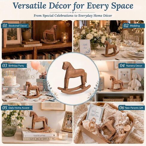 3 Pcs Vintage Wooden Rocking Horse Table Centerpiece, Blue Green Tartan Plaids Baby Shower Decor, Farmhouse Solid Wood Ornaments for Wedding Birthday Nursery Home Decor & Housewarming Gift in Kuwait