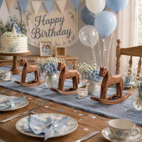 3 Pcs Vintage Wooden Rocking Horse Table Centerpiece, Blue Green Tartan Plaids Baby Shower Decor, Farmhouse Solid Wood Ornaments for Wedding Birthday Nursery Home Decor & Housewarming Gift in Kuwait