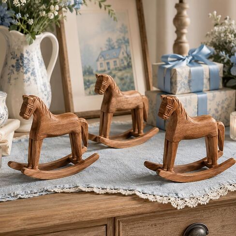 3 Pcs Vintage Wooden Rocking Horse Table Centerpiece, Blue Green Tartan Plaids Baby Shower Decor, Farmhouse Solid Wood Ornaments for Wedding Birthday Nursery Home Decor & Housewarming Gift in Kuwait