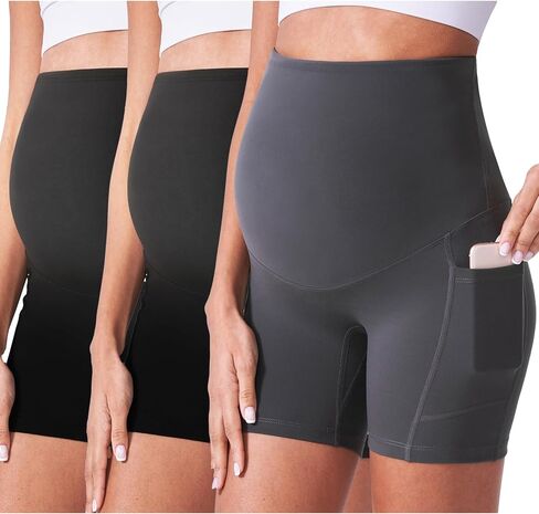 POSHDIVAH 3/4 Pack Maternity Biker Shorts Over The Belly with Pockets 5"/8" | High Rise,No Front Seam,Buttery Soft,Summer,Stretchy,Workout,Yoga,Athletic,Active Wear,Gym,Pregnancy and Postpartum in Saudi Arabia