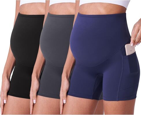 POSHDIVAH 3/4 Pack Maternity Biker Shorts Over The Belly with Pockets 5"/8" | High Rise,No Front Seam,Buttery Soft,Summer,Stretchy,Workout,Yoga,Athletic,Active Wear,Gym,Pregnancy and Postpartum in Saudi Arabia