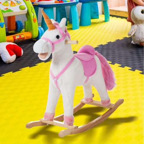 Rocking Horse - Soft and Plush Ride-On Unicorn with Sturdy Wooden Base - Hand-Crafted Toy Rocker for Toddlers Ages 3 and Up by Happy Trails (White) in Kuwait