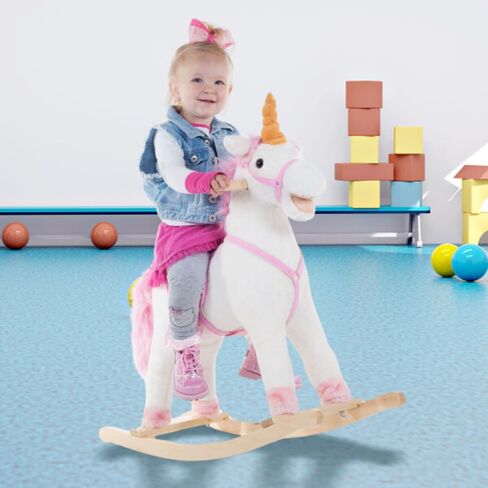 Rocking Horse - Soft and Plush Ride-On Unicorn with Sturdy Wooden Base - Hand-Crafted Toy Rocker for Toddlers Ages 3 and Up by Happy Trails (White) in Kuwait