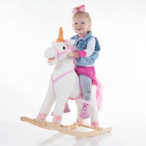Rocking Horse - Soft and Plush Ride-On Unicorn with Sturdy Wooden Base - Hand-Crafted Toy Rocker for Toddlers Ages 3 and Up by Happy Trails (White) in Kuwait