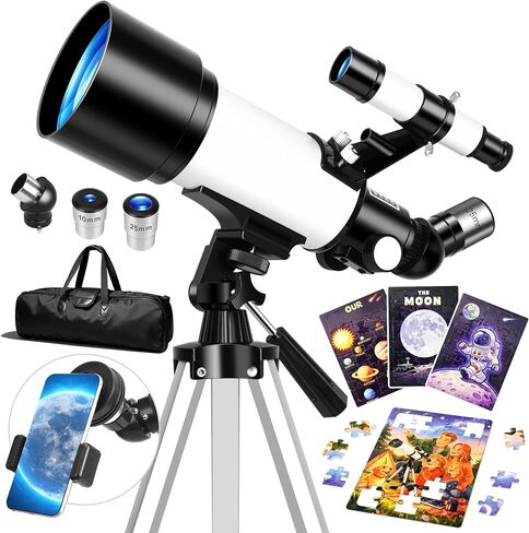 70mm Telescope for Kids & Adults Beginners with Space Puzzles | Refractor Telescope, Portable Travel Astronomical Telescopes, Moon Viewing, Stargazing, Tripod, Phone Adapter, Carry Bag in Kuwait