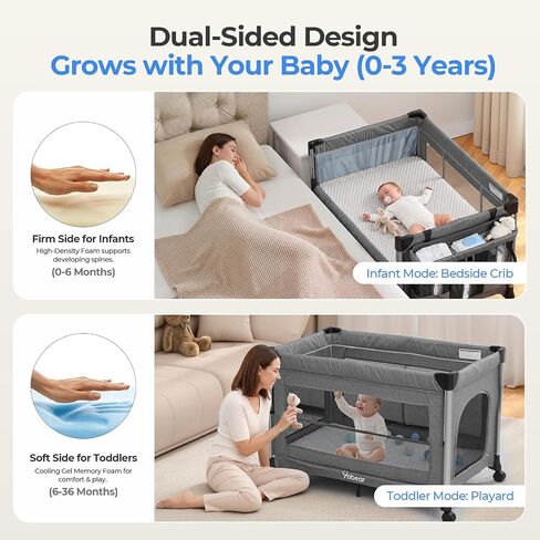 Yobear 1.5" Custom Fit Mattress Pack and Play & Baby Bassinet– Dual Sided, Removable & Washable Cover, Gel-Infused Foam(Grey) in Kuwait