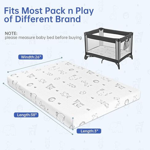 Pack and Play Mattress Pad, 38"x26" Firmness Memory Foam Thick Pack N Play Mattresses Topper, Portable Dual-Sided Mattress for Pack n Play with Breathable Animal Pattern Cover in Kuwait