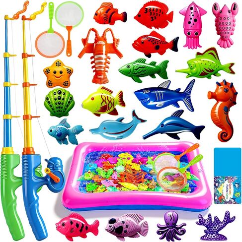 CozyBomB™ Magnetic Fishing Toys Game Set for Kids | Water Table Bathtub Kiddie Pool Party Pole Rod Net, Outdoor Plastic Floating Fish, Toddler Bath Color Ocean Sea Animals Birthday Gift Age 3-5 6 4-8 in Kuwait