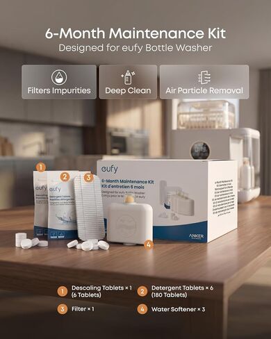 eufy Baby Bottle Washer Maintenance Kit: Water Softener, 180 Detergent Tabs | Includes: Water Softener 3 Pcs, Detergent Tablets 180 Pcs, Descaling Tablets 6 Pcs, Filter 1 Pcs in Kuwait