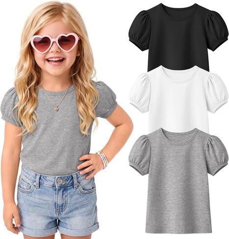 Toddler Girl Shirts Baby Crew Neck Short Puff Sleeve T-Shirts Cute Summer Casual Basic Tees Clothes Size 18M-5T in Kuwait