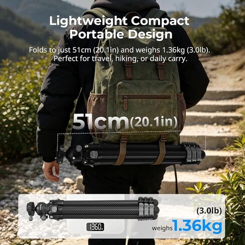 SmallRig Portable Travel Photo Tripod, Carbon Fiber Compact Tripod for Outdoor Photography, 5kg Load, Smooth Ball Head with 90° Vertical Shooting, 180° Reversible Center Column in Kuwait