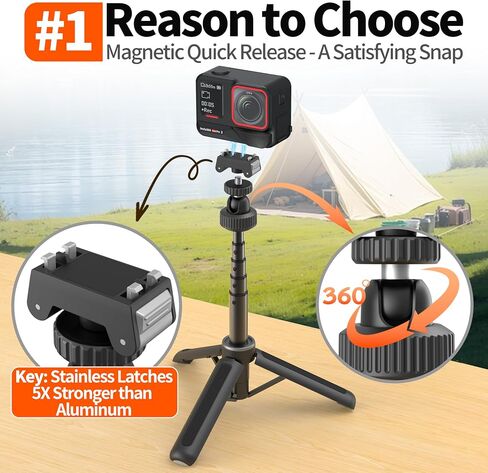 AGVEE Selfie Stick Tripod for Insta360 X5/Ace Pro/Pro 2 Camera | Magnetic Quick Release Mount Accessories, Reinforced Nylon-Fiberglass Legs, Desktop Portable Vlog Travel Extension Rod in Kuwait
