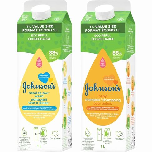 Johnson's Baby Head-To-Toe Body Wash and Shampoo Refill Duo, Tear-Free & Hypoallergenic Baby Body Wash & Shampoo for Newborn’s Sensitive Skin & Hair, Value Size Refill Bottles, 33.8 fl. oz in Kuwait