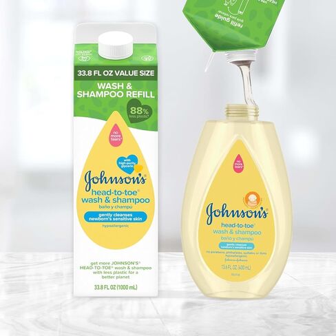 Johnson's Baby Head-To-Toe Body Wash and Shampoo Refill Duo, Tear-Free & Hypoallergenic Baby Body Wash & Shampoo for Newborn’s Sensitive Skin & Hair, Value Size Refill Bottles, 33.8 fl. oz in Kuwait