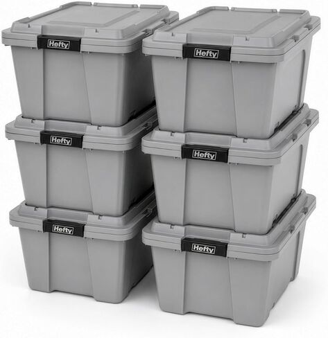 Hefty 18 Gallon Storage Bin with Clear Lid, Heavy Duty Plastic Storage Container Stackable Tote for Garage Closet Home Organization, Large Storage Bin, 6 Pack, Grey in Kuwait