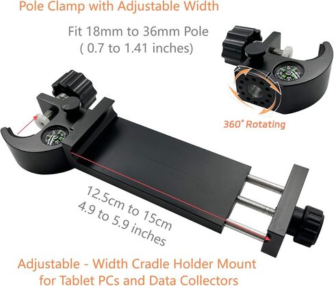 Heavy Duty Survey Pole GPS Tablet Clamp w Compass for iPad mini, 4.9"-5.9" | Sturdy claw bracket, adjustable width 11.5cm-15cm, built-in compass, mount for tablet & survey data collectors in Kuwait