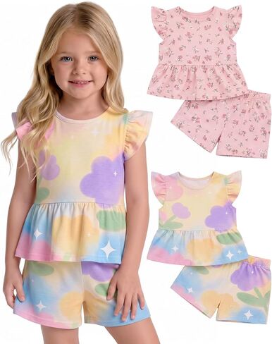 Xaatren 2 Pack Toddler Girl Outfits Summer Cute 2 Piece Set Flutter Sleeve Ruffle Tank Top Casual Short for Baby Girl Clothes in Kuwait