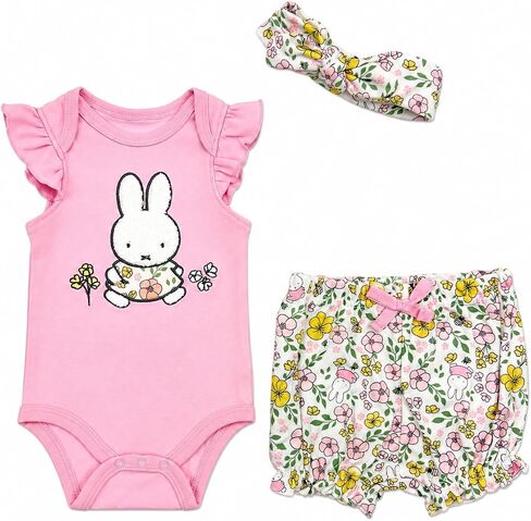 Miffy Baby Girls 3-Piece Bodysuit Shorts and Headband Outfit Set | Complete 3-piece Miffy set: snap bodysuit, bloomer shorts, and matching headband in a soft, breathable cotton-rich blend. in Kuwait