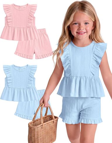 2 Pack Toddler Baby Girls' Summer Outfits Cotton Ruffle Sleeve Tops and Shorts Set Cute Clothes in Kuwait