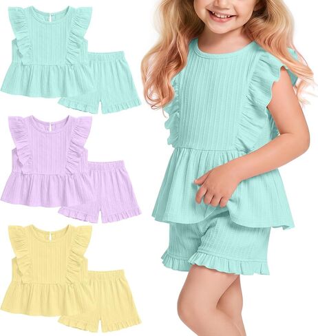 3 Pack Toddler Girls Outfits Baby Cotton Summer 2 Piece Sets Ruffled Sleeveless Tops Bloomers Shorts Cute Clothes in Kuwait