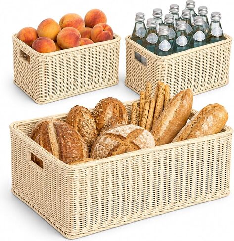 BEBE BASK Handwoven Rattan Wicker Basket Set of 3 (17 × 13 × 7 in) – Wicker Baskets For Organizing, Woven Basket, Wicker Storage Baskets For Shelves, Home, Nursery & Toy Storage in Kuwait