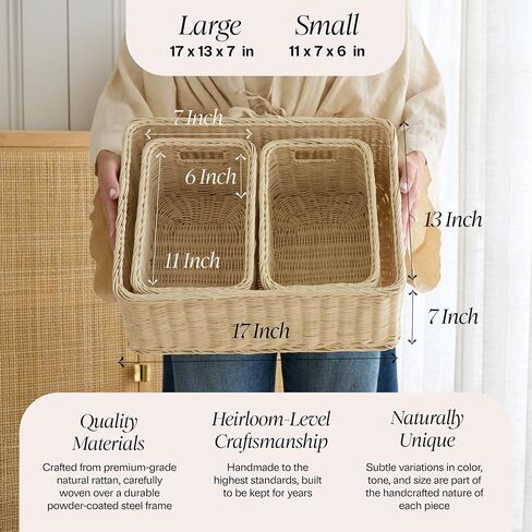 BEBE BASK Handwoven Rattan Wicker Basket Set of 3 (17 × 13 × 7 in) – Wicker Baskets For Organizing, Woven Basket, Wicker Storage Baskets For Shelves, Home, Nursery & Toy Storage in Kuwait