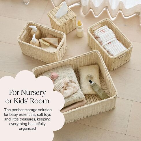 BEBE BASK Handwoven Rattan Wicker Basket Set of 3 (17 × 13 × 7 in) – Wicker Baskets For Organizing, Woven Basket, Wicker Storage Baskets For Shelves, Home, Nursery & Toy Storage in Kuwait