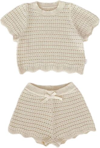 HOOLCHEAN Baby Little Girls Summer Knit 2 Piece Outfit, Toddler Short Sleeve Crochet Top and Shorts Set in Kuwait