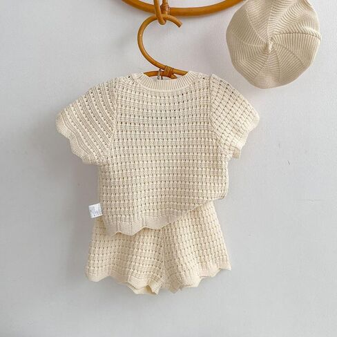 HOOLCHEAN Baby Little Girls Summer Knit 2 Piece Outfit, Toddler Short Sleeve Crochet Top and Shorts Set in Kuwait