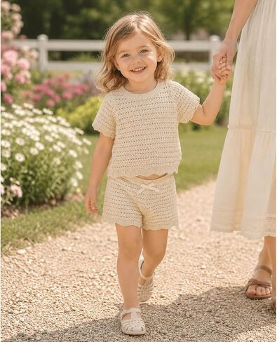 HOOLCHEAN Baby Little Girls Summer Knit 2 Piece Outfit, Toddler Short Sleeve Crochet Top and Shorts Set in Kuwait