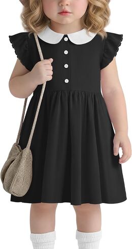 Toddler Girls Dress Cotton Doll Collar Ruffle Short Sleeves Dresses Buttons Kids Cute Summer School Dress 18M-5T in Kuwait
