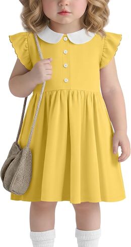 Toddler Girls Dress Cotton Doll Collar Ruffle Short Sleeves Dresses Buttons Kids Cute Summer School Dress 18M-5T in Kuwait