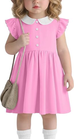 Toddler Girls Dress Cotton Doll Collar Ruffle Short Sleeves Dresses Buttons Kids Cute Summer School Dress 18M-5T in Kuwait