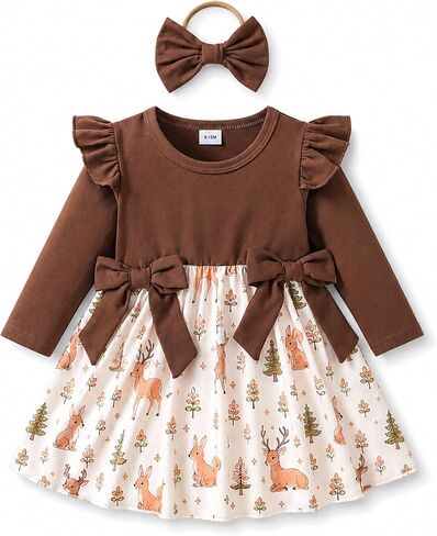 Baby Girl Clothes Long Sleeve Dress Outfit Bow Headband Floral Plaid 0 6 12 18 24 Months 2T 3T 4T in Kuwait
