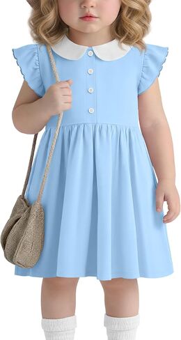 Toddler Girls Dress Cotton Doll Collar Ruffle Short Sleeves Dresses Buttons Kids Cute Summer School Dress 18M-5T in Kuwait