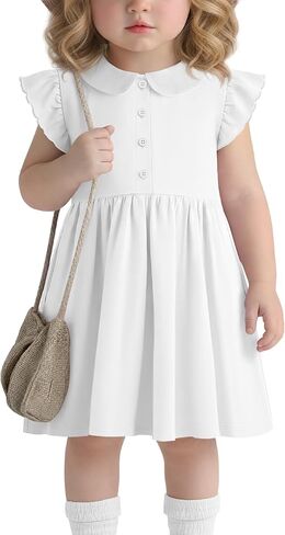 Toddler Girls Dress Cotton Doll Collar Ruffle Short Sleeves Dresses Buttons Kids Cute Summer School Dress 18M-5T in Kuwait