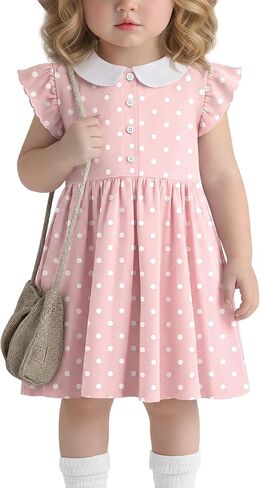 Toddler Girls Dress Cotton Doll Collar Ruffle Short Sleeves Dresses Buttons Kids Cute Summer School Dress 18M-5T in Kuwait
