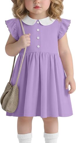 Toddler Girls Dress Cotton Doll Collar Ruffle Short Sleeves Dresses Buttons Kids Cute Summer School Dress 18M-5T in Kuwait