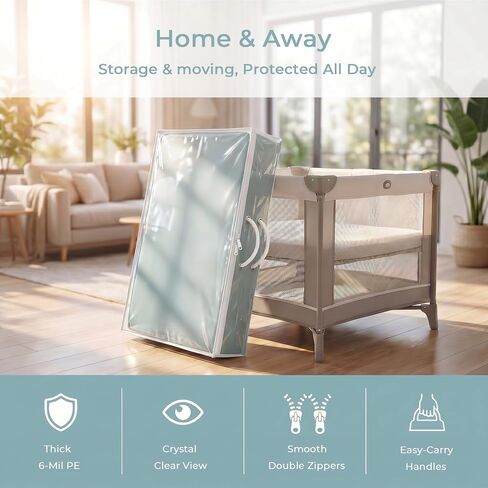 Waterproof Pack N Play Mattress Storage Bag with Zipper & Carrying Handles, Heavy Duty 6 Mil Clear Travel Moving Bag 38 x 26 x 4.5 inches. in Kuwait