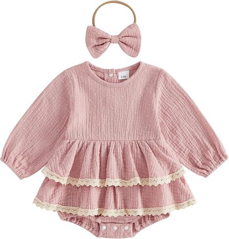Baby Girl Romper Dress Dot Embroidery Bodysuit Fall Clothes Headband | Baby girl onesie dress, Polka dot embroidery, Long sleeve, Lace trim patchwork tiered trim, Princess dress with headband in Kuwait