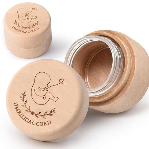Baby Umbilical Cord Keepsake Box with Transparent Box Minimalist Wooden Umbilical Memorial Case Modern Round Tooth Box Newborn First Haircut Storage Keepsake Gift for Baby Shower Christening in Kuwait