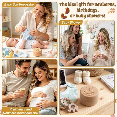 Baby Umbilical Cord Keepsake Box with Transparent Box Minimalist Wooden Umbilical Memorial Case Modern Round Tooth Box Newborn First Haircut Storage Keepsake Gift for Baby Shower Christening in Kuwait