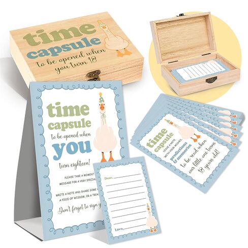 Silly Goose Time Capsule Set, 50 Pcs Silly Goose Double Sided Cards and Blue Time Capsule Sign, Baby Memorial Milestone Collection Box, Blue White 1st Birthday Nursery Memory Decorations for Boys in Kuwait