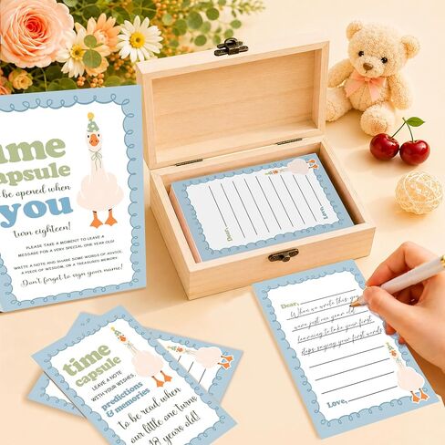 Silly Goose Time Capsule Set, 50 Pcs Silly Goose Double Sided Cards and Blue Time Capsule Sign, Baby Memorial Milestone Collection Box, Blue White 1st Birthday Nursery Memory Decorations for Boys in Kuwait