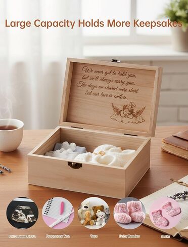Large Miscarriage Memorial Box, Wooden Angel Baby Gift for Mothers | Thoughtful Bereavement Keepsake Holds Ultrasound Photos & Wristbands. Comfort Care Package for Healing After Pregnancy Loss in Kuwait