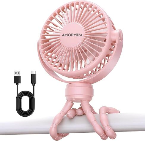 Portable Mini Stroller Fan for Car Desk Treadmill Golf Cart Black | 4000mAh 20H Battery, Flexible Silicone Tripod | Quiet Brushless Motor 4.5m/s, 3 Speeds, Detachable Cover, Type-C, 360° Rotate in Kuwait
