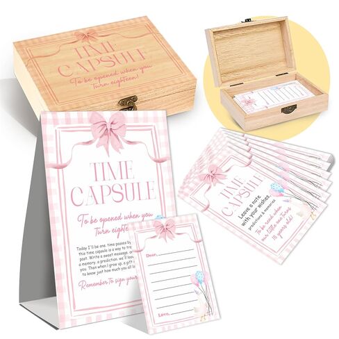 Bow Time Capsule 1st Birthday Set, 50 Double Sided Cards and 1 Time Capsule Box, Pink Baby 1st Birthday Memory Box, Goose Memorial Blessing Quotes Collection Box, Bow Girl Decor for First Party in Kuwait